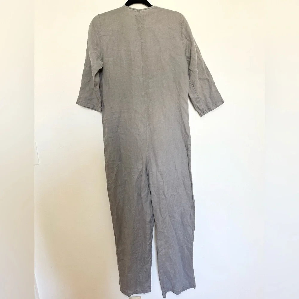 Zara Lillian Jumpsuit Size Small Gray 100% Linen V-Neck Utility Romper Jumper